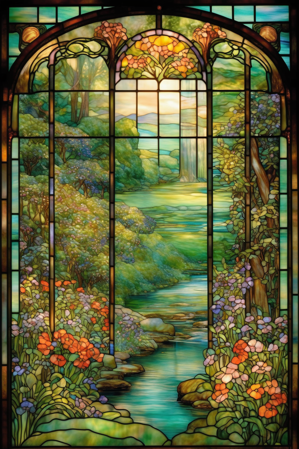 00427-245159953-_lora_Louis Comfort Tiffany Style_1_Louis Comfort Tiffany Style - A heavenly cottage nestled among vibrant flowers and lush gree.png